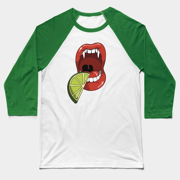 Mouth with vampire teeth about to take a bite into slice of lime Baseball T-Shirt by Fruit Tee